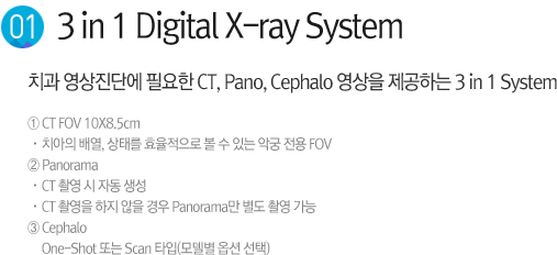 1.3 in 1 Digital X-ray System :ġ ܿ ʿ CT, Pano, Cephalo  ϴ 3 in 1 System , 
	 CT FOV 10X8.5cm 
     ġ 迭, ¸ ȿ   ִ Ǳ  FOV    
	 Panorama 
     CT Կ  ڵ 
     CT Կ    Panorama  Կ    
	 Cephalo 
     One-Shot Ǵ Scan Ÿ(𵨺 ɼ ) 